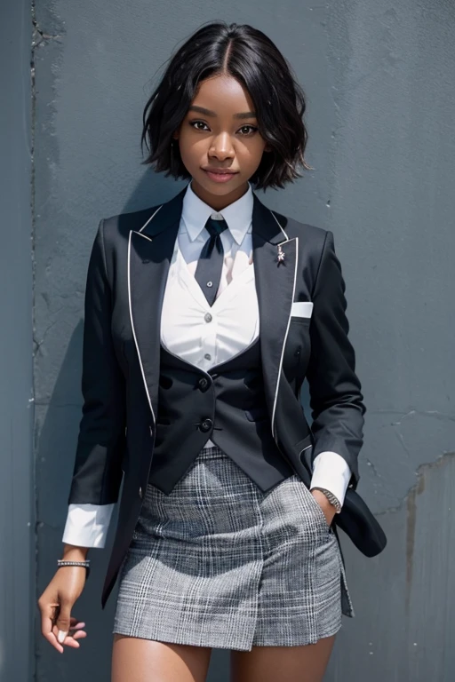 100％Smile、20 year old cute black woman、black skin、African American Women、big breasts、、Background Company、mini skirt、Immaculate bikini、superior, skirt suit, (((Three-piece suit))), tie, blazer, Jacket, waistcoat, ダブルブレストのwaistcoat, bodycon skirt, pencil skirt, tieクリップ, pocket、、1 woman、milf、short hair、silver hair、Hair Bob、
