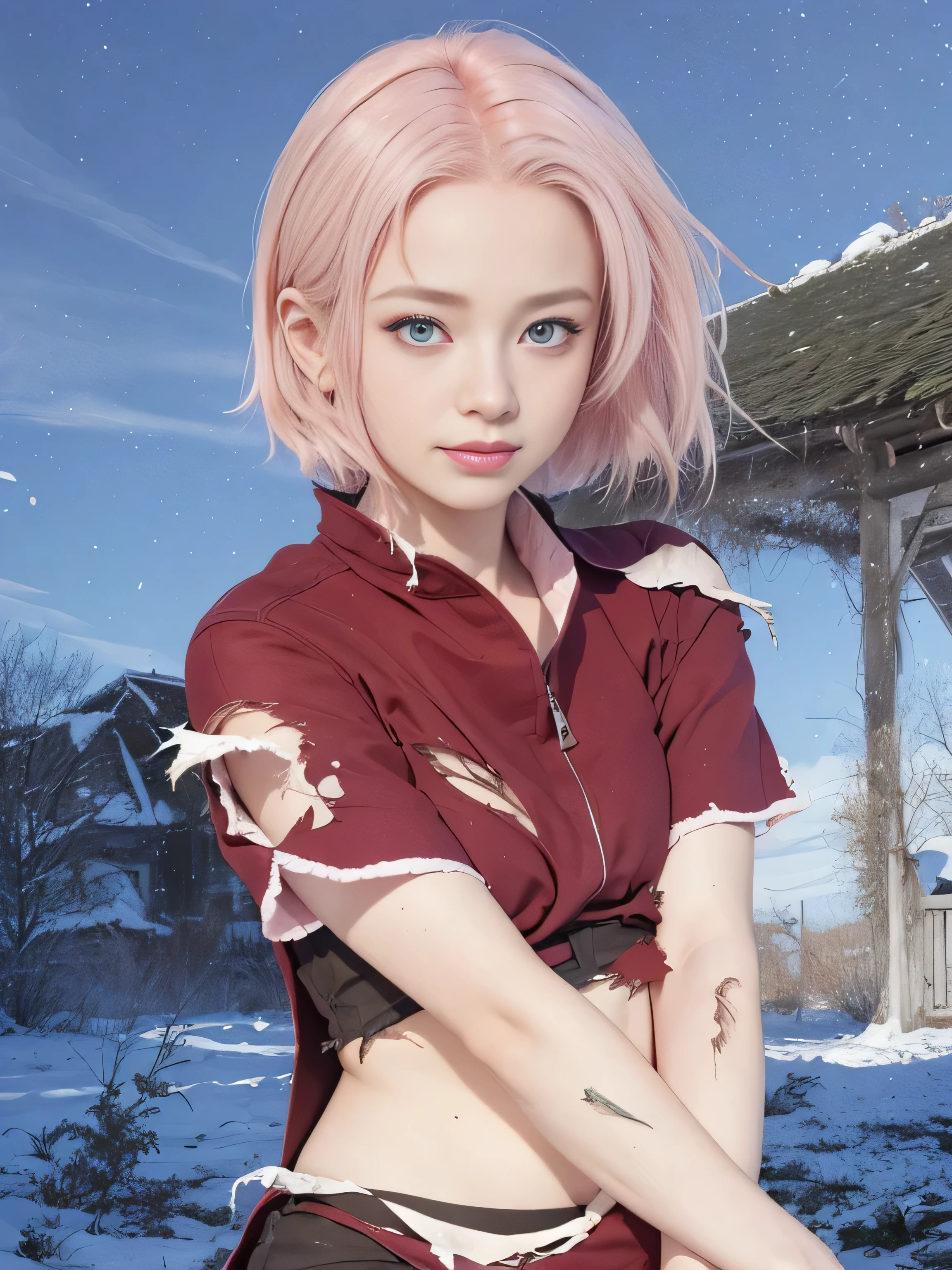 masterpiece, best quality, (realistic,photo-realistic:1.4), (RAW photo:1.2), extremely detailed CG unity 8k wallpaper, delicate and beautiful, amazing,finely detail, official art, absurdres, incredibly absurdres, huge filesize, ultra-detailed,extremely detailed eyes and face,light on face,little smile,(pink hair:1.4),garden,(torn clothes:1.4),outdoor,garden,green eyes,(messy:1.4)