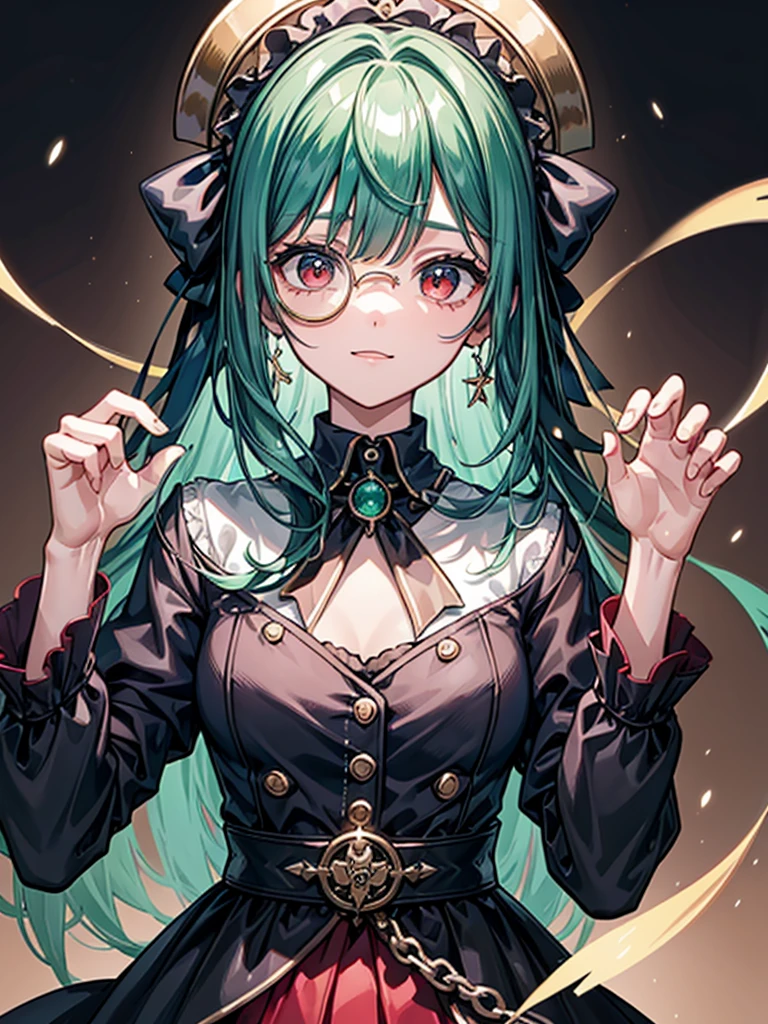 (((masterpiece、Highest image quality、highest quality、highly detailed unity 8kwallpaper)))、((Illustration of one girl、upper body))、(((beautiful girl)))、(librarian)、(Emerald green hair、sidelocks:1.2、red eyes)、(((crazy smile)))、monocle、pocket watch、(((Black top hat、tuxedo)))、grand library