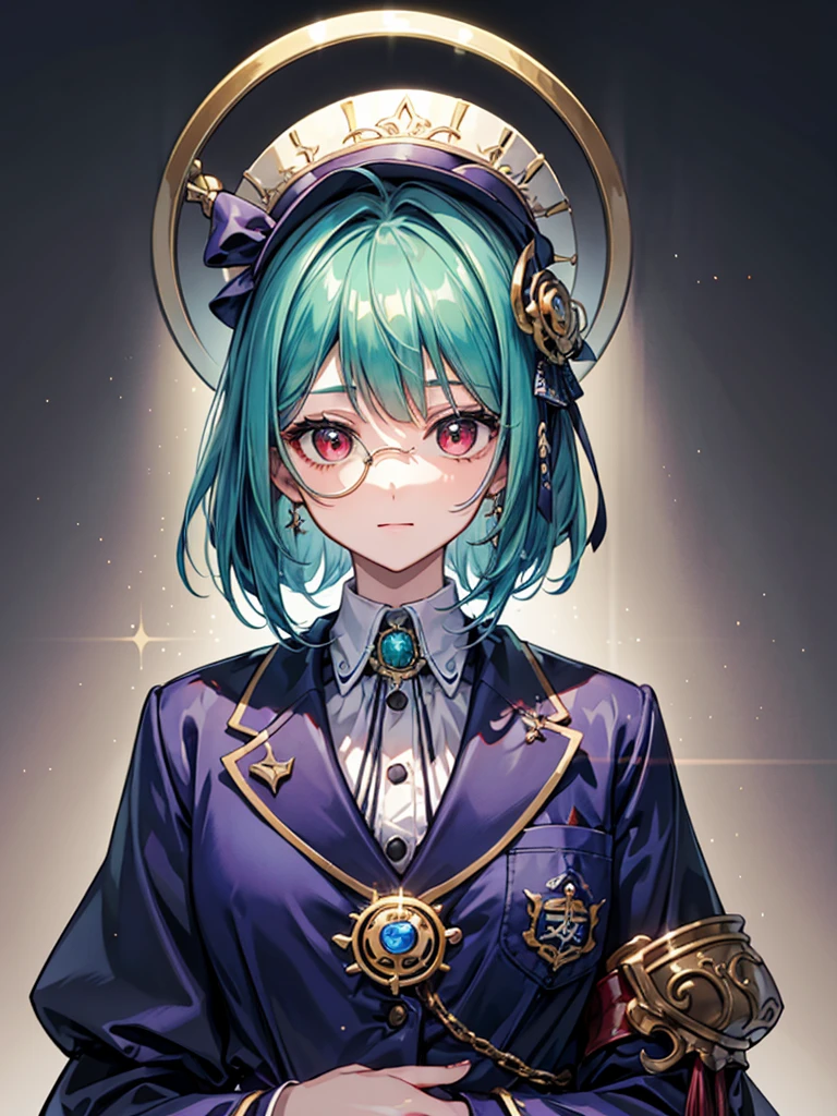 （（（masterpiece、Highest image quality、highest quality、highly detailed unity 8ｋwallpaper）））、（（Illustration of one girl、upper body））、（（（beautiful girl）））、（librarian）、（Emerald green hair、sidelocks：1.2、red eyes）、（（（crazy smile）））、monocle、pocket watch、（（（Black top hat、tuxedo）））、grand library