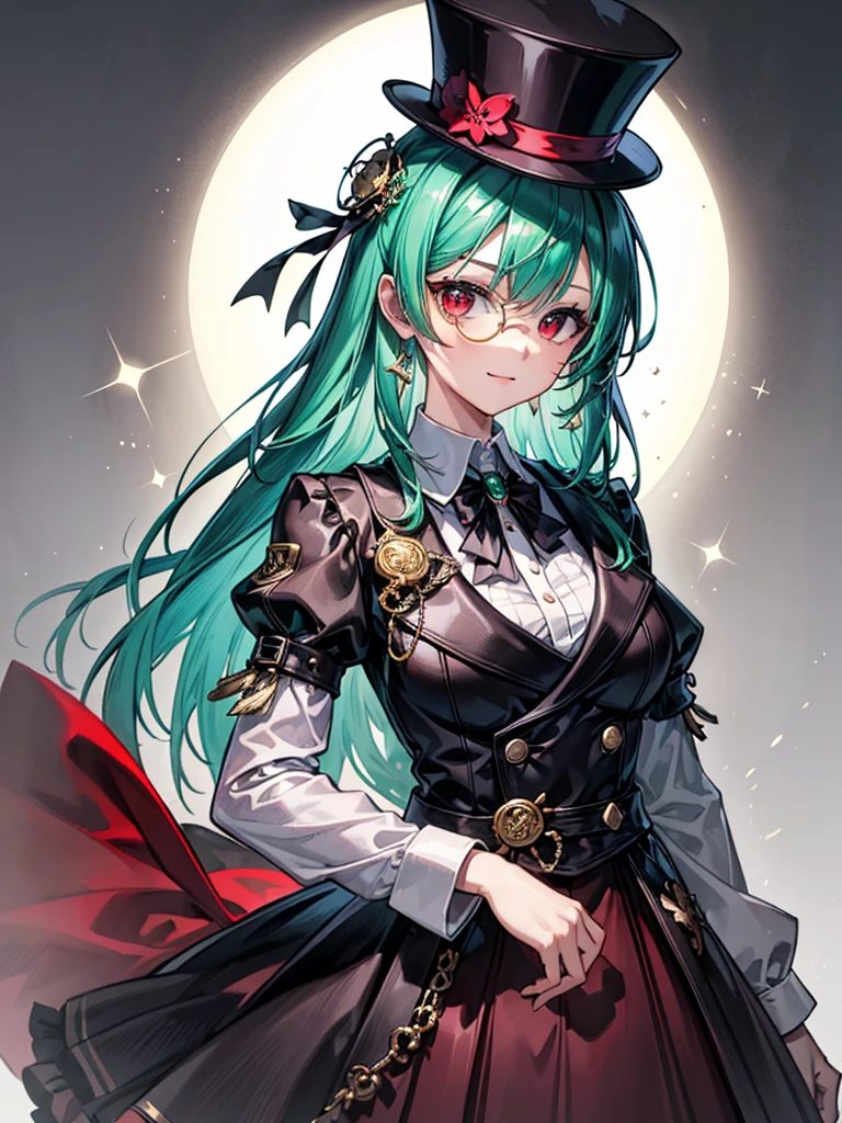 （（（masterpiece、Highest image quality、highest quality、highly detailed unity 8ｋwallpaper）））、（（Illustration of one girl、upper body））、（（（beautiful girl）））、（librarian）、（Emerald green hair、sidelocks：1.2、red eyes）、（（（crazy smile）））、monocle、pocket watch、（（（Black top hat、tuxedo）））、grand library