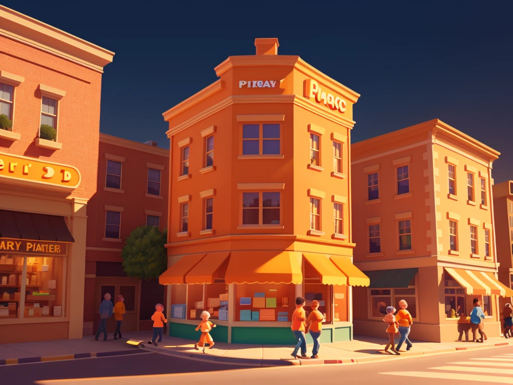 Pixar 3D style drawing with a pharmacy facade in dark and light orange colors in the center, with a family in the foreground