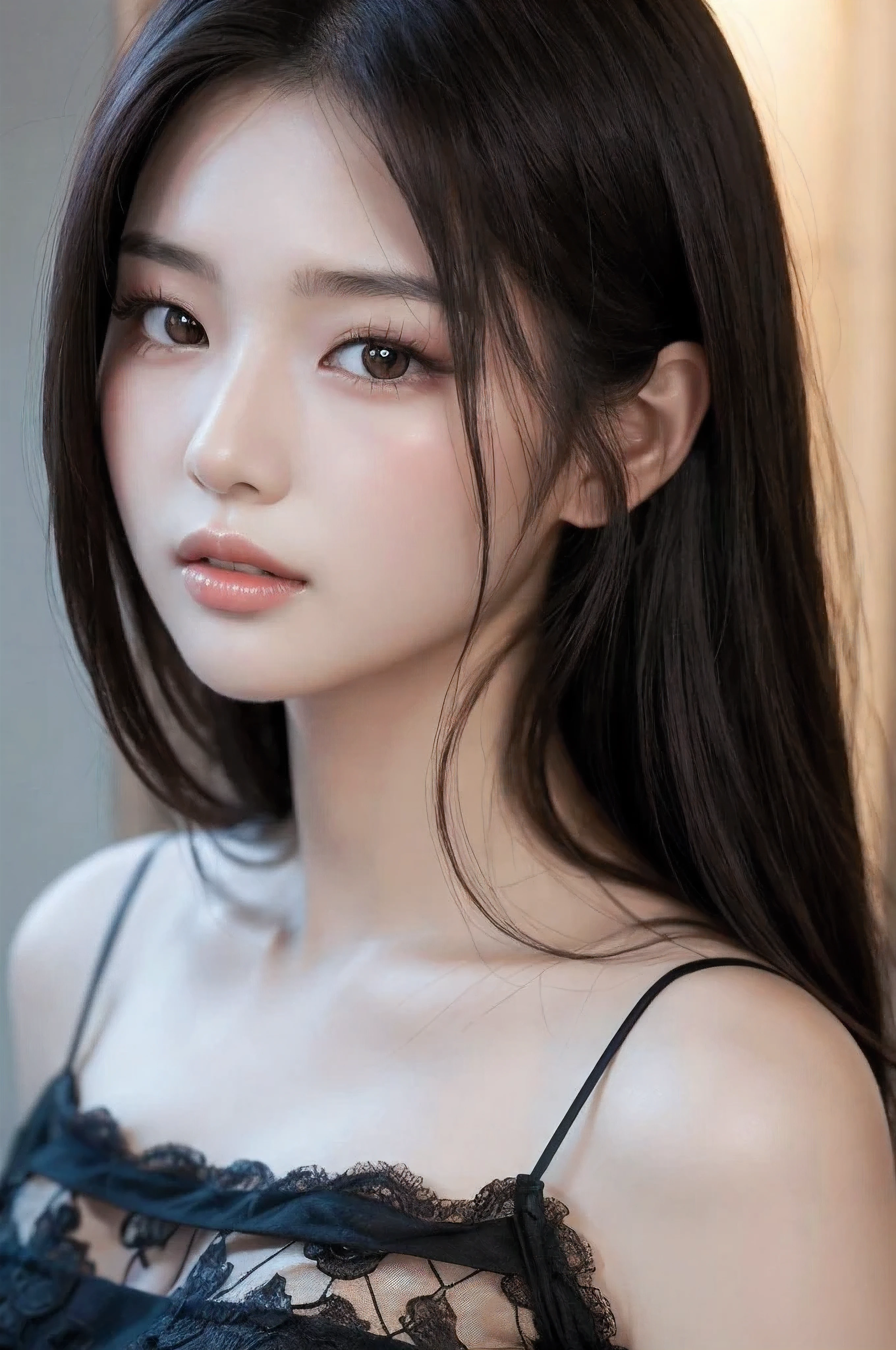 a close up of a woman with long hair and a black lace top, a picture by Zhang Han, tumblr, digital art, beautiful south korean woman, beautiful young korean woman, gorgeous young korean woman, korean girl, korean woman, beautiful asian girl, beautiful delicate face, asian beautiful face, beautiful asian woman, feminine beautiful face, young adorable korean face