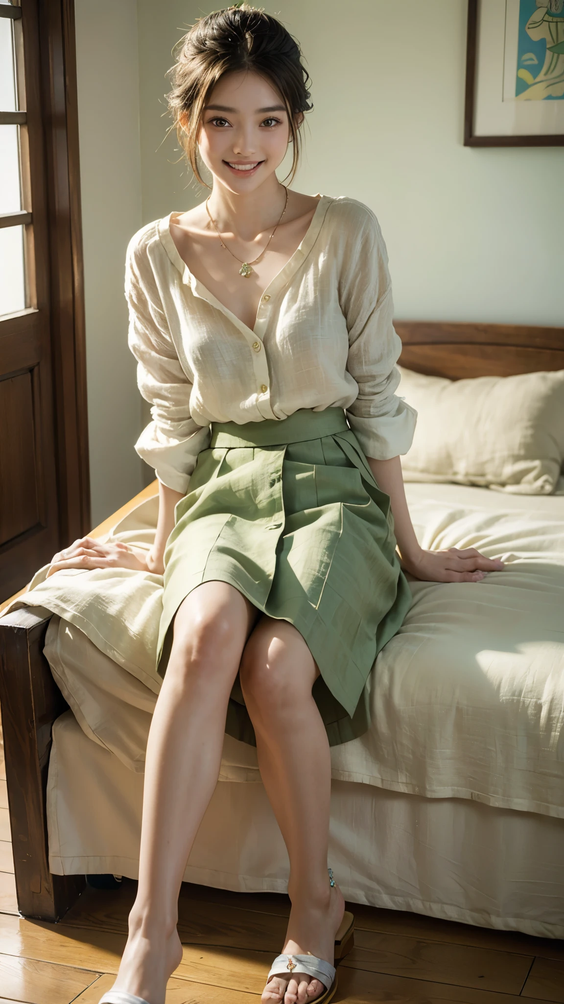 highest quality, masterpiece, ultra high resolution, (realistic:1.5), (close portrait) Raw photo, 1 girl, 22 years old,Semi-long chignon hair,mini skirt,beautiful feet, (((light green linen blouse,Midi length))), ((Asian Necklace)),anklet,sandals,masterpiece, realistic pictures, japanese pictures, fuji negative film, saturation, contrast, Pocari Sweat Advertisement ((small breasts)),((smiling showing teeth)),