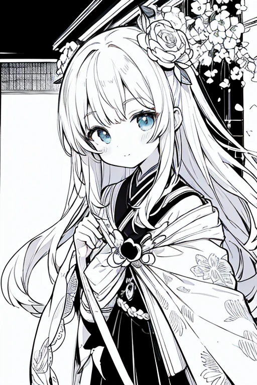 (masterpiece, best quality:1.2),(flower, line art, )  女の子1人,One point color