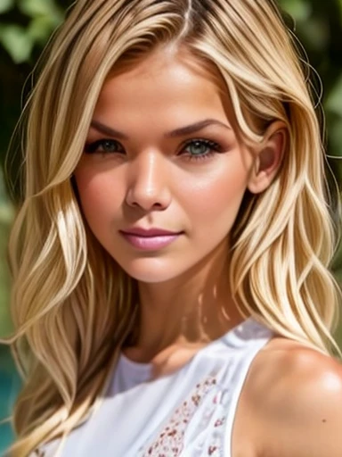 a close up of a woman with long hair and a white tank top, beautiful blonde girl, beautiful blonde woman, beautiful female model, photo of a beautiful woman, beautiful young woman, gorgeous face portrait, portrait of a beautiful model, beautiful model girl, beautiful girl model, detailed beauty portrait, gorgeous attractive face, beautiful portrait image, attractive beautiful face, extremely beautiful face