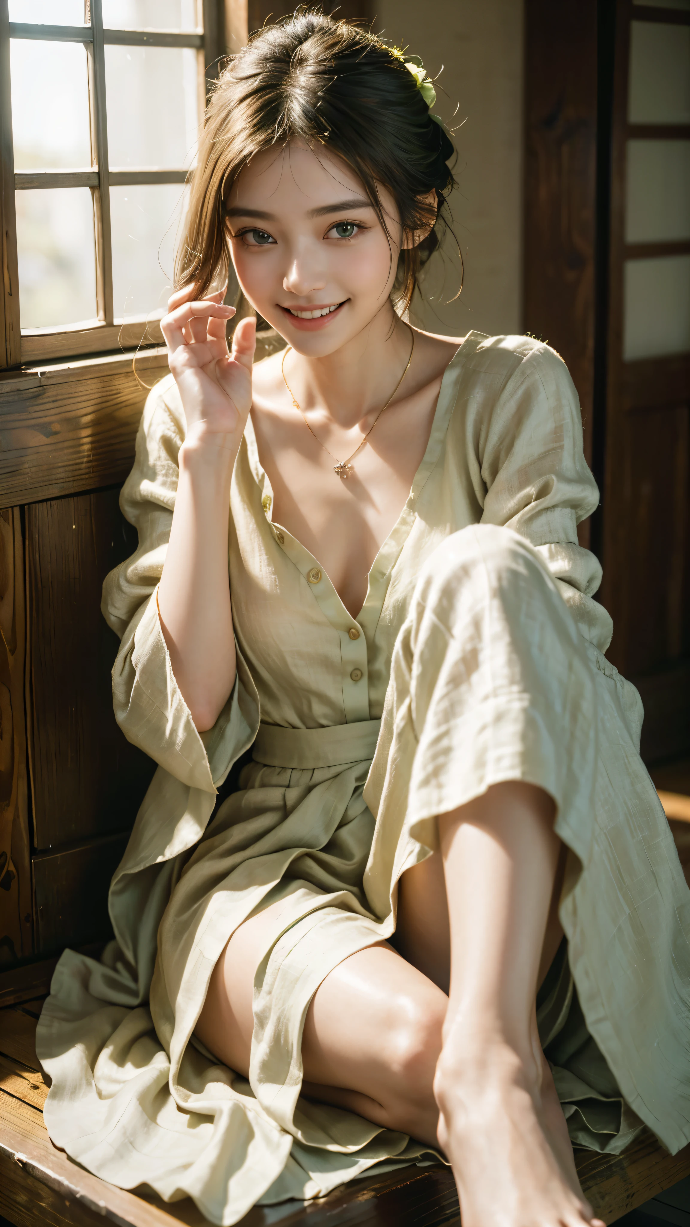 highest quality, masterpiece, ultra high resolution, (realistic:1.5), (close portrait) RAW photo, 1 girl, 22 years ago,Semi-long chignon hair,mini skirt,beautiful feet, (((light green linen blouse,Midi length))), ((Asian Necklace)),anklet,sandals,masterpiece, realistic pictures, japanese pictures, fuji negative film, saturation, contrast, Pocari Sweat Advertisement ((small breasts)),((smile showing teeth)),