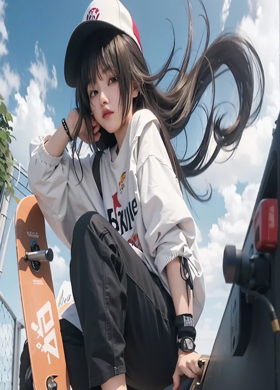 anime girl with long hair sitting on a skateboard in a skate park, anime style 4 k, anime wallaper, guweiz, kantai collection style, style anime, anime asthetic, anime style. 8k, anime picture, high quality anime artstyle, anime girl, anime style, anime style only, anime artstyle, (anime girl), anime vibes,8K,最高品質,最高の詳細