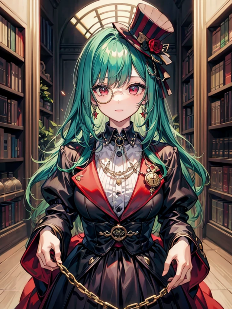 (((masterpiece、Highest image quality、highest quality、highly detailed unity 8kwallpaper)))、((Illustration of one girl、upper body))、(((beautiful girl)))、(librarian)、(Emerald green hair、sidelocks:1.2、red eyes)、(((crazy smile)))、monocle、pocket watch、(((Black top hat、tuxedo)))、grand library