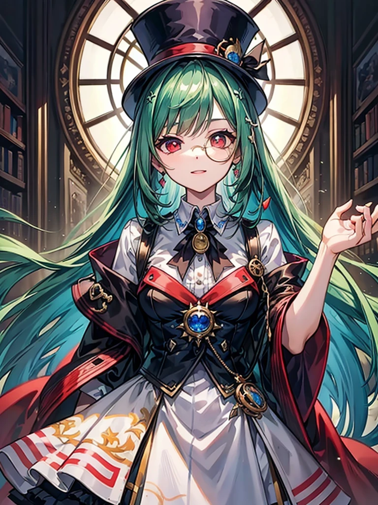（（（masterpiece、Highest image quality、highest quality、highly detailed unity 8ｋwallpaper）））、（（Illustration of one girl、upper body））、（（（beautiful girl）））、（librarian）、（Emerald green hair、sidelocks：1.2、red eyes）、（（（crazy smile）））、monocle、pocket watch、（（（Black top hat、tuxedo）））、grand library
