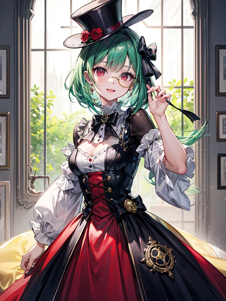 （（（masterpiece、Highest image quality、highest quality、highly detailed unity 8ｋwallpaper）））、（（Illustration of one girl、upper body））、（（（beautiful girl）））、（librarian）、（Emerald green hair、sidelocks：1.2、red eyes）、（（（crazy smile）））、monocle、pocket watch、（（（Black top hat、tuxedo）））、grand library