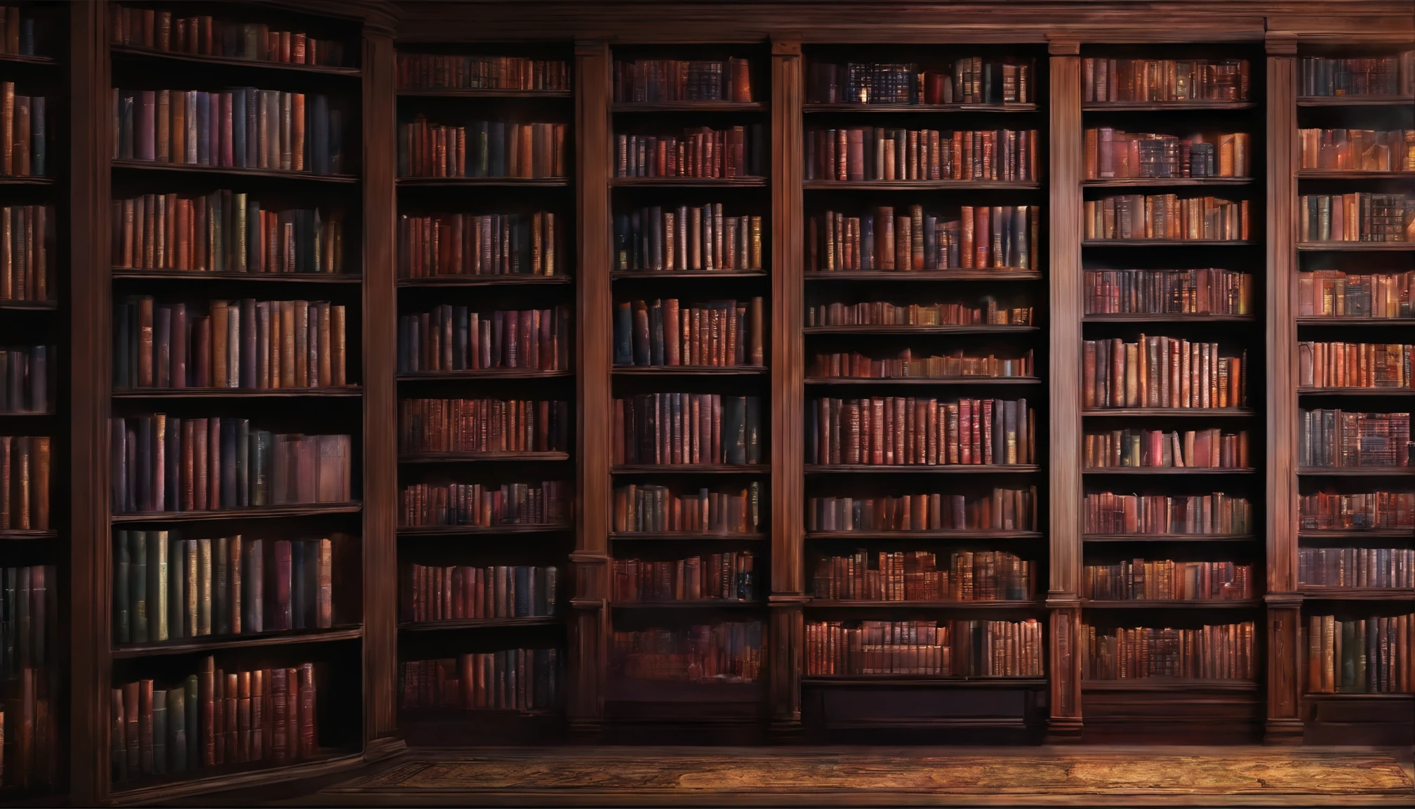 bookshelf, fantasy looking, digital art, high quality, dark, colored books, library,