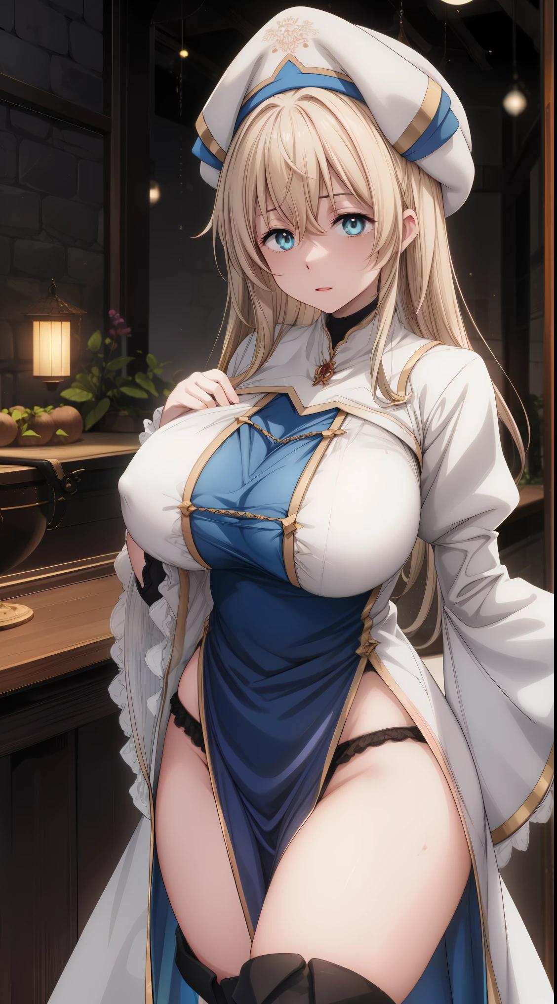 An enchanting visual unfolds, huge tits manga art of a priestess, long hair ,hat, long sleeves ,dress ,thighhighs, white headwear, thigh boots, wide sleeves, white thighhighs.

1 girl, 20yo,YOUNG female, Beautiful long legs ,Beautiful body ,Beautiful Nose ,Beautiful character design, perfect eyes, perfect face,

official art, extremely detailed CG unity 8k wallpaper, perfect lighting,Colorful, Bright_Front_face_Lightinasterpiece:1.0),(best_quality:1.0), ultra high res,4K,ultra-detailed,
photography, 8K, HDR, highres, absurdres:1.2, Kodak portra 400, film grain, blurry background, bokeh:1.2, lens flare, (vibrant_color:1.2)
, (beautiful_face:1.5),(narrow_waist), (Beautiful,Huge_Breasts:1.2)