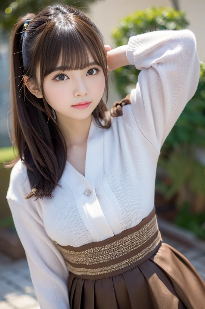 smile、night、Raw photo、(((ultimate beauty portrait)))、((glowing skin))、1 girl、15 year old beautiful girl from Prague、bright look、((brown hair))、(cleavage)、(flare skirt:1.5)、((Big eyes that shine like jewels))、open cardigan、open your clothes、pantyhose、Glossy and glossy skin、(medium hair)、(silky ponytail hair)、(standing)、(from below)、under the skirt、(from below下着の接写)、eyeliner、beautiful bangs、hair between eyes、((masterpiece、最high quality、super detailed、film light、intricate details、High resolution、very detailed))、detailed background、8KUHD、Digital single-lens reflex camera、soft light、high quality、film grain、Fujifilm XT3 、shallow depth of field、natural soft light、Kamimei、rich bust