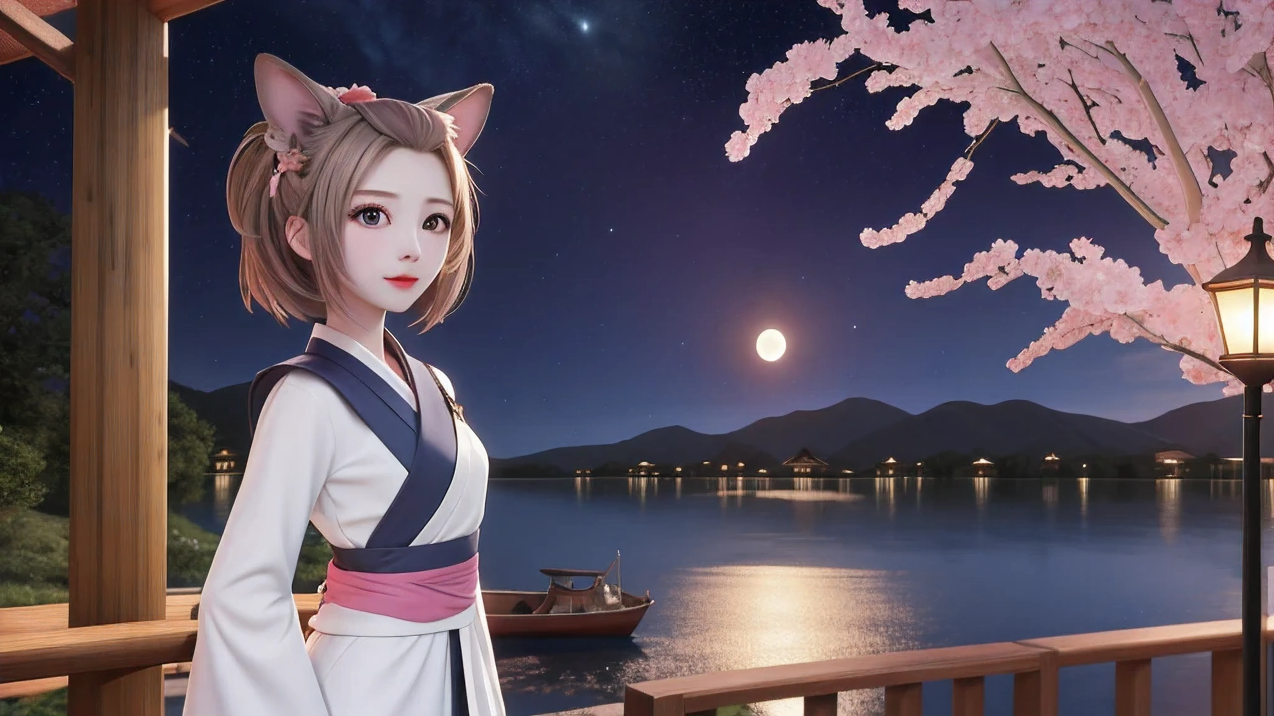 masterpiece, best quality, 8k, wonderful, lake, mountain, bamboo forest, wooden house, moon, night, star sky, Galaxy, blossom, wood boat, 1girl, brown hair, brown eyes, bangs pinned back, forehead, animal ears, animal tail, very long sleeves, petite, kimono, girl, hair beautiful, , yugioh, ash blossom & joyous spring, cry, tear, look the other way, background clear full HD, small eyes, platinum hair