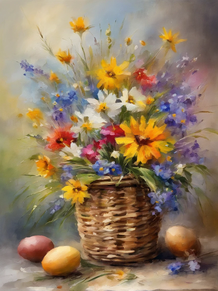 bouquet of wildflowers inside a wooden basket with easter eggs inside in an easter art holiday atmosphere, watercolor art, masterpiece, soft bright colors, soft light, easter holiday decor, 8K, detailed, highest quality artwork