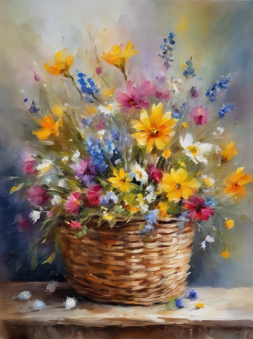 bouquet of wildflowers inside a wooden basket with easter eggs inside in an easter art holiday atmosphere, watercolor art, masterpiece, soft bright colors, soft light, easter holiday decor, 8K, detailed, highest quality artwork
