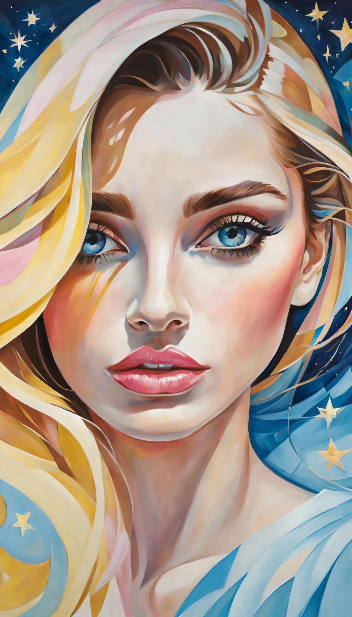 (best quality,actual,high resolution:1.2),pastel tones, painting,Impressionist strokes,from cubism, Fauvism to Surrealism and Abstraction, starry sky, Their artistic concepts and patterns are reflected in the clothing design, Miss, beautiful eyes,beautiful lips, flowing hair, Fresh light blue, Light yellow, light pink.