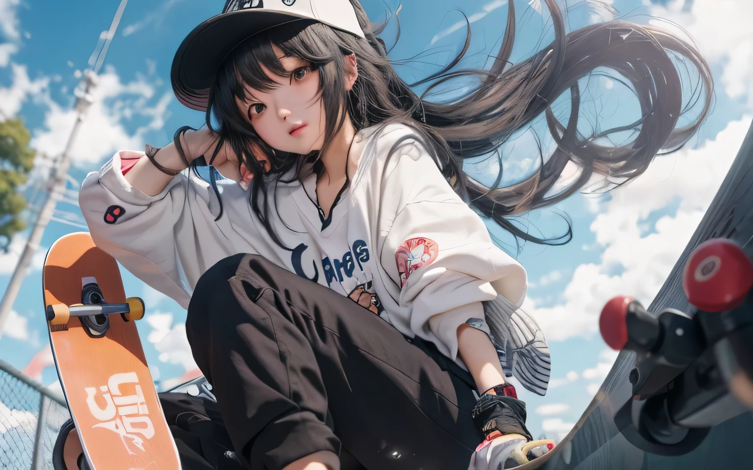 anime girl with long hair sitting on a skateboard in a skate park, anime style 4 k, anime wallaper, guweiz, style anime, kantai collection style, anime asthetic, anime style. 8k, anime picture, high quality anime artstyle, anime girl, anime style, anime style only, anime artstyle, (anime girl), anime vibes,8K,最高品質,最高の詳細