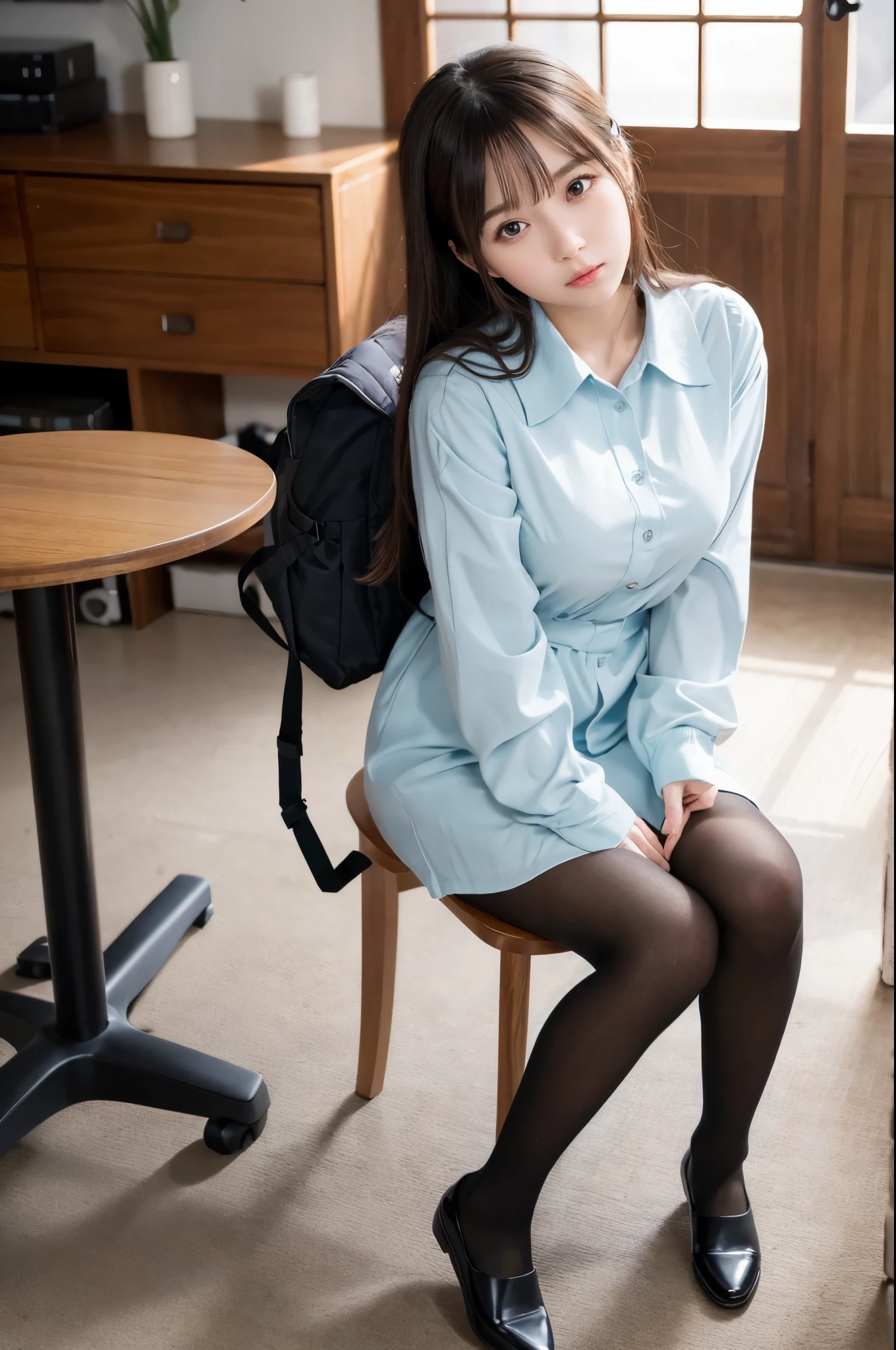 ulzzang -6500-v1.1, (Raw Photo:1.2), (Realistic Photo), Beautiful Girl with High Detail, (Realistic:1.4), Beautiful eyes and face with High Detail, Beautiful eyes with High Detail, Japanese school uniform, School uniform, (Ultra Realistic Pantyhose:1.2), Shoeless, Sitting on a chair, (Ultra Realistic pantyhose:1. 2), shoeless, toes, sitting on chair, big file size, high resolution, very detailed, best quality, [masterpiece:1. 6], illustration, very detailed, nffsw, detailed, best quality, 8k wallpaper, movie lighting, one girl, 17 years old, perfect figure, cute droopy eyes, beautiful big eyes, eyes , (( masutepiece)), best quality, 1 girl, eyeshadow, ((FULL BODYSHOT:1.4)), (とても愛情深い笑顔:1.2),.

