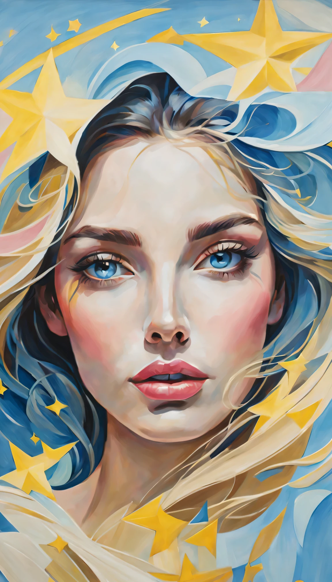 (best quality,actual,high resolution:1.2),pastel tones, painting,Impressionist strokes,from cubism, Fauvism to Surrealism and Abstraction, starry sky, Their artistic concepts and patterns are reflected in the clothing design, Miss, beautiful eyes,beautiful lips, flowing hair, Fresh light blue, Light yellow, light pink.
