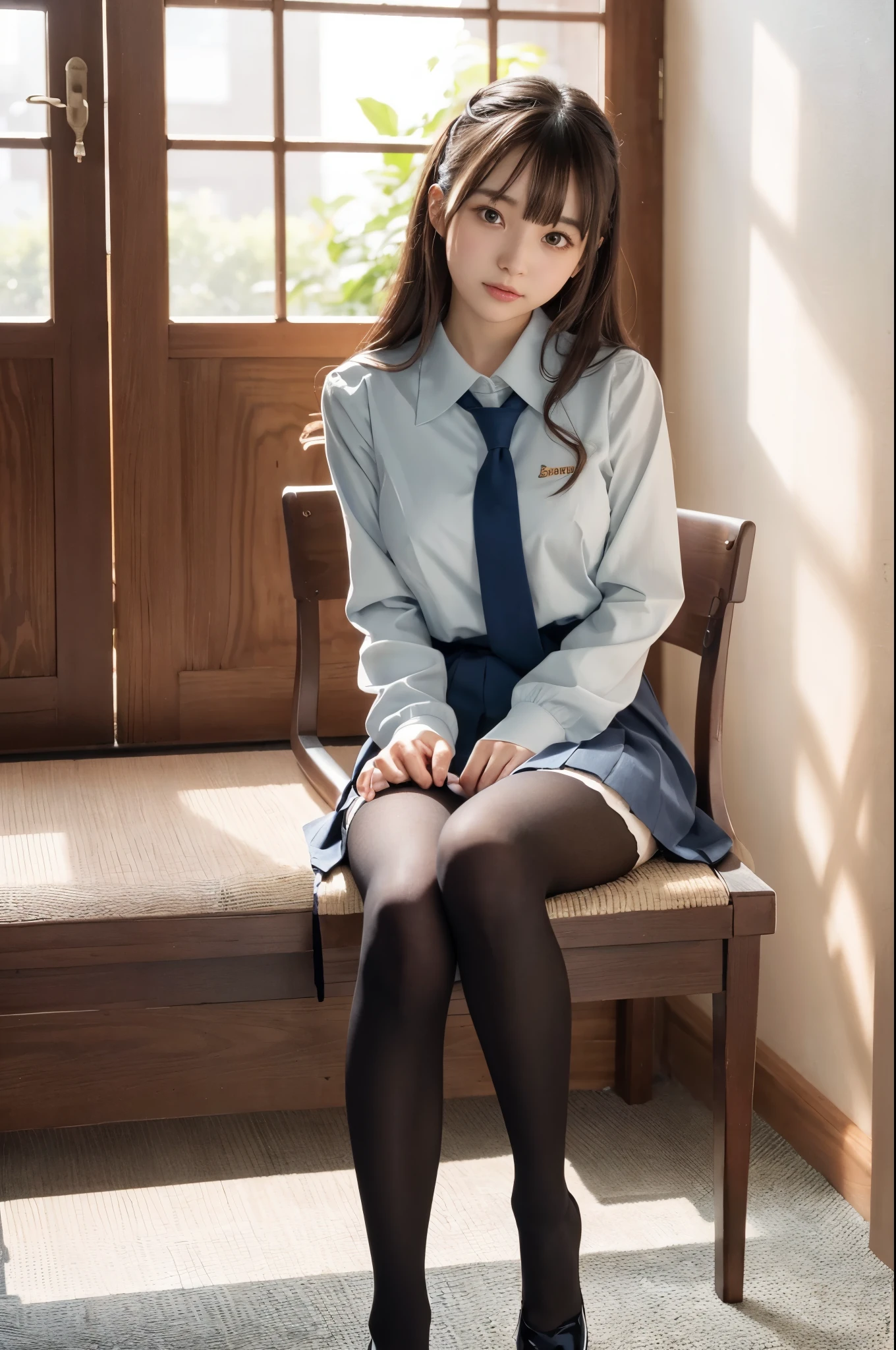 ulzzang -6500-v1.1, (Raw Photo:1.2), (Realistic Photo), Beautiful Girl with High Detail, (Realistic:1.4), Beautiful eyes and face with High Detail, Beautiful eyes with High Detail, Japanese school uniform, School uniform, (Ultra Realistic Pantyhose:1.2), Shoeless, Sitting on a chair, (Ultra Realistic pantyhose:1. 2), shoeless, toes, sitting on chair, big file size, high resolution, very detailed, best quality, [masterpiece:1. 6], illustration, very detailed, nffsw, detailed, best quality, 8k wallpaper, movie lighting, one girl, ************, perfect figure, cute droopy eyes, beautiful big eyes, eyes , (( masutepiece)), best quality, 1 girl, eyeshadow, ((FULL BODYSHOT:1.4)), (とても愛情深い笑顔:1.2),.
