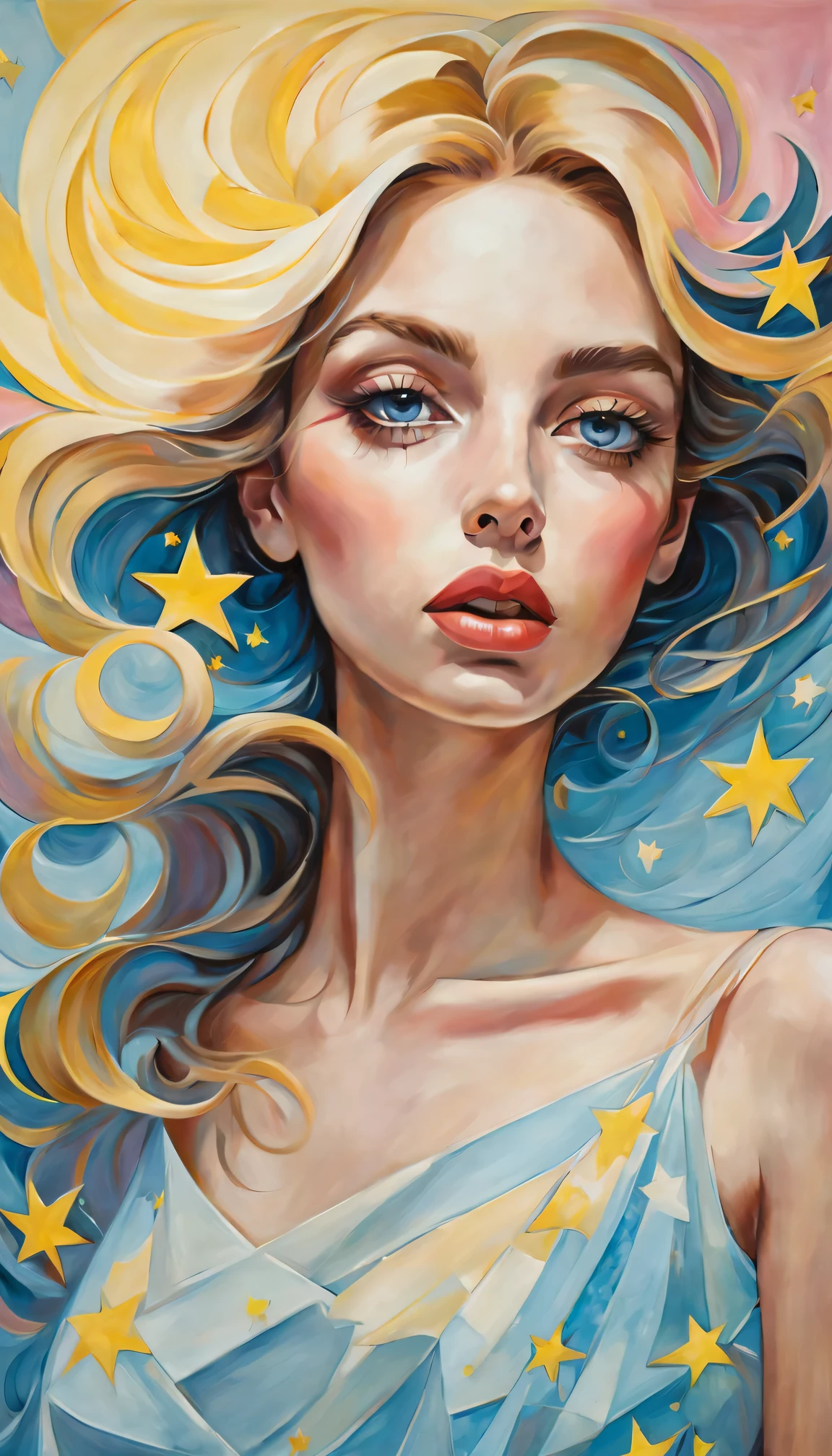 (best quality,actual,high resolution:1.2),pastel tones, painting,Impressionist strokes,from cubism, Fauvism to Surrealism and Abstraction, starry sky, Their artistic concepts and patterns are reflected in the clothing design, Miss, beautiful eyes,beautiful lips, flowing hair, Fresh light blue, Light yellow, light pink.