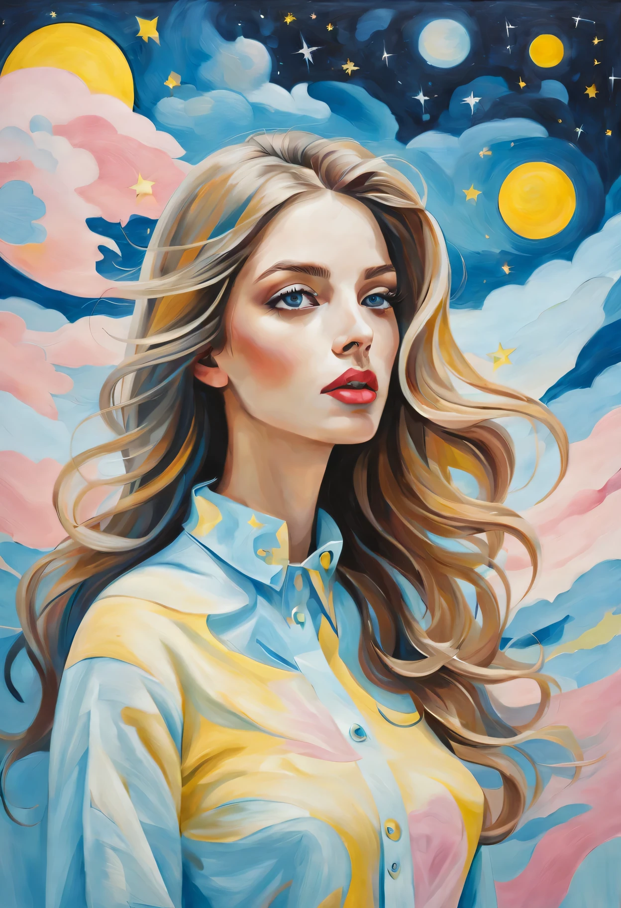 (best quality,actual,high resolution:1.2),pastel tones, painting,Impressionist strokes,from cubism, Fauvism to Surrealism and Abstraction, starry sky, Their artistic concepts and patterns are reflected in the clothing design, Miss, beautiful eyes,beautiful lips, flowing hair, Fresh light blue, Light yellow, light pink.