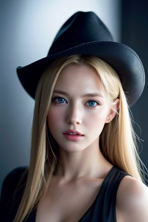 Best quality, masterpiece, ultra high res, (photorealistic:1.4), raw photo, 1girl, blonde hair, blue eyes, detailed eyes and face, 白のビキニ, dynamic lighting, in the dark, deep shadow, low key, cowboy shot full-lenght body