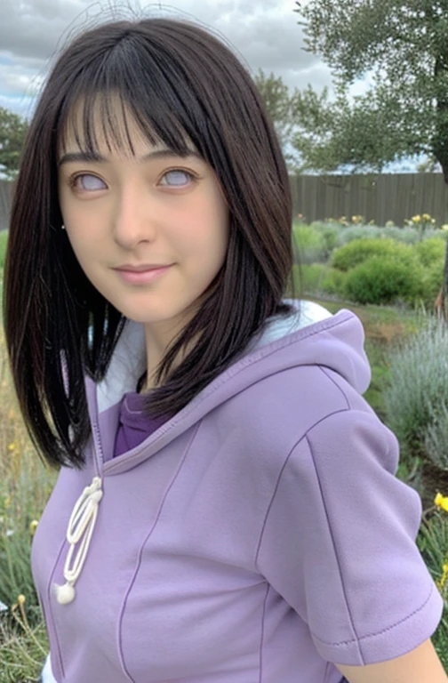 masterpiece, absurdres, hinata\(boruto\), 1girl, solo,mature female, purple hoodie,layered sleeves, brown pants,  outdoors,lavender flower field, looking at viewer, (falling petals), cloudy sky, perfect composition, detailed lips, big breast, beautiful face, body propotion, blush, (pink lips), long hair,  purple eyes,  soft gaze, sad smile,  super realistic, detailed, photoshoot, realistic face and body,  realistic hair, realistic eyes, realistic nose, realistic lips