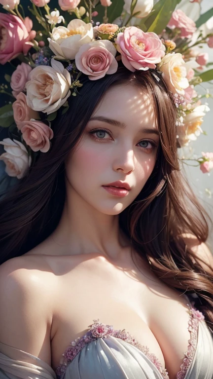 a woman surrounded by flowers, draped in velvet and flowers, persephone in spring, wrapped in flowers, anna dittman, woman in flowers, wrapped in flowers and wired, monia merlo, jana brike art, annie stegg gerard, heather theurer.,photo realistic,HDR,8K,cinematic ambien