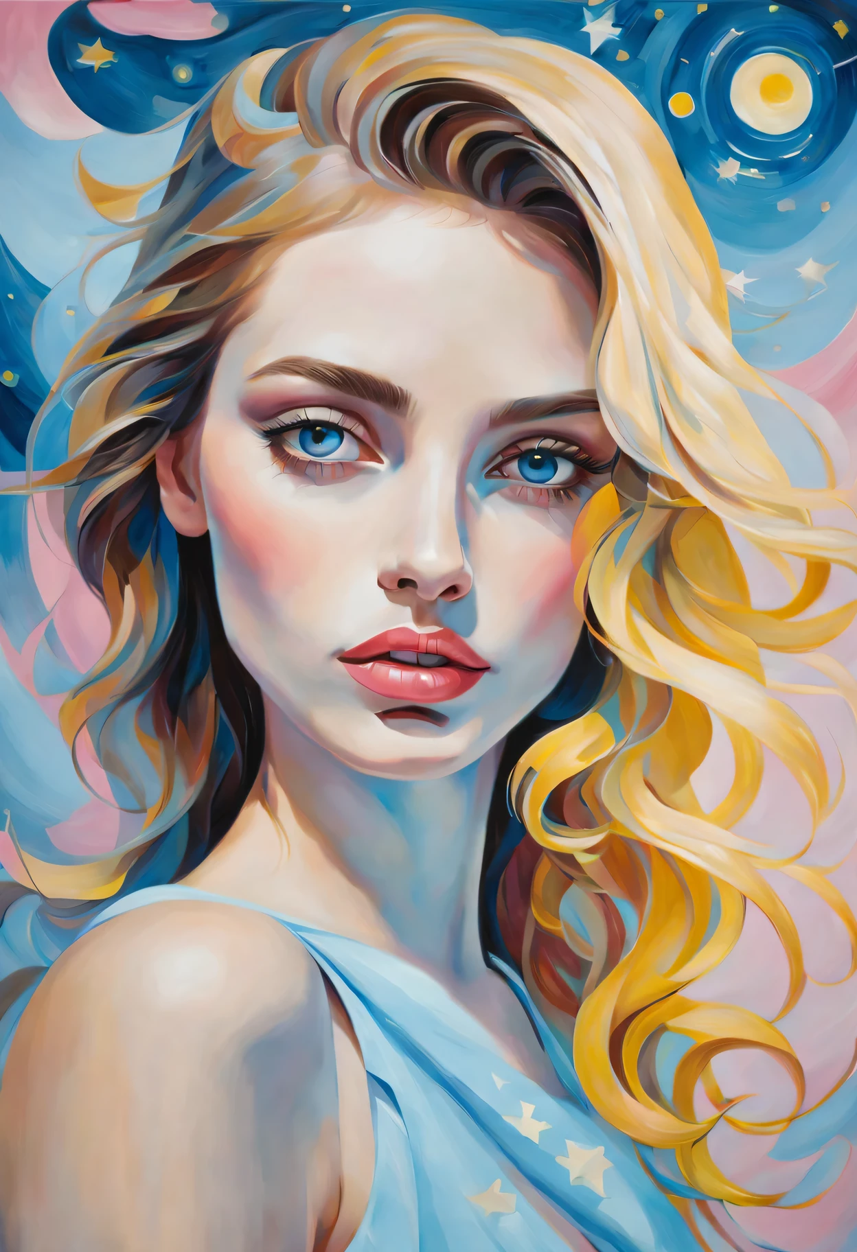 (best quality,actual,high resolution:1.2),pastel tones, painting,Impressionist strokes,from cubism, Fauvism to Surrealism and Abstraction, starry sky, Their artistic concepts and patterns are reflected in the clothing design, Miss, beautiful eyes,beautiful lips, flowing hair, Fresh light blue, Light yellow, light pink.