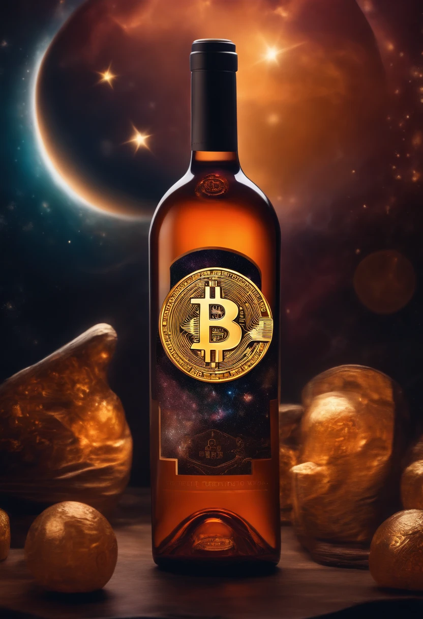 Creation of a bottle of wine with the bitcoin logo in a magical universe and completely with the crypto logos in the air