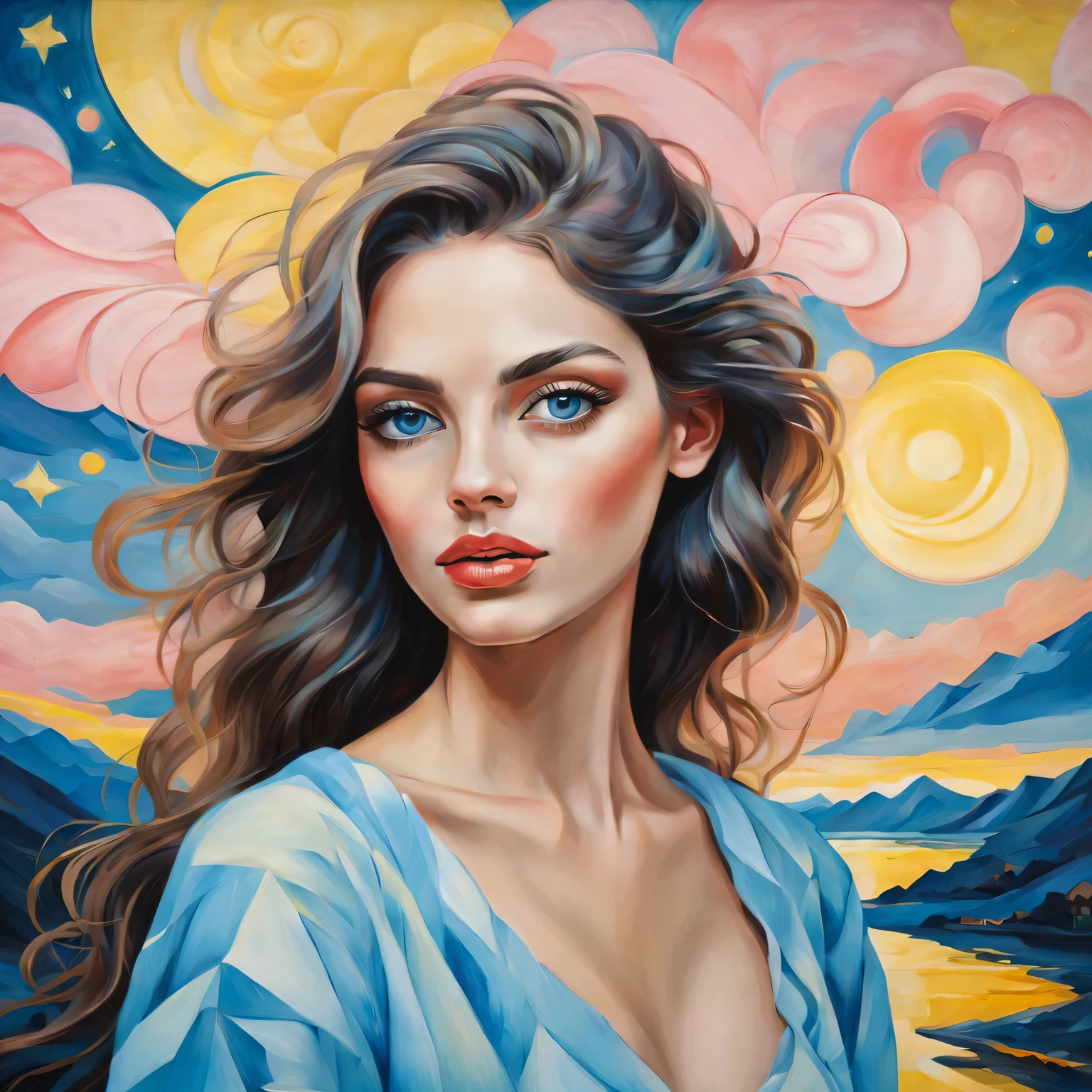 (best quality,actual,high resolution:1.2),pastel tones, painting,Impressionist strokes,from cubism, Fauvism to Surrealism and Abstraction, starry sky, Their artistic concepts and patterns are reflected in the clothing design, Miss, beautiful eyes,beautiful lips, flowing hair, Fresh light blue, Light yellow, light pink.