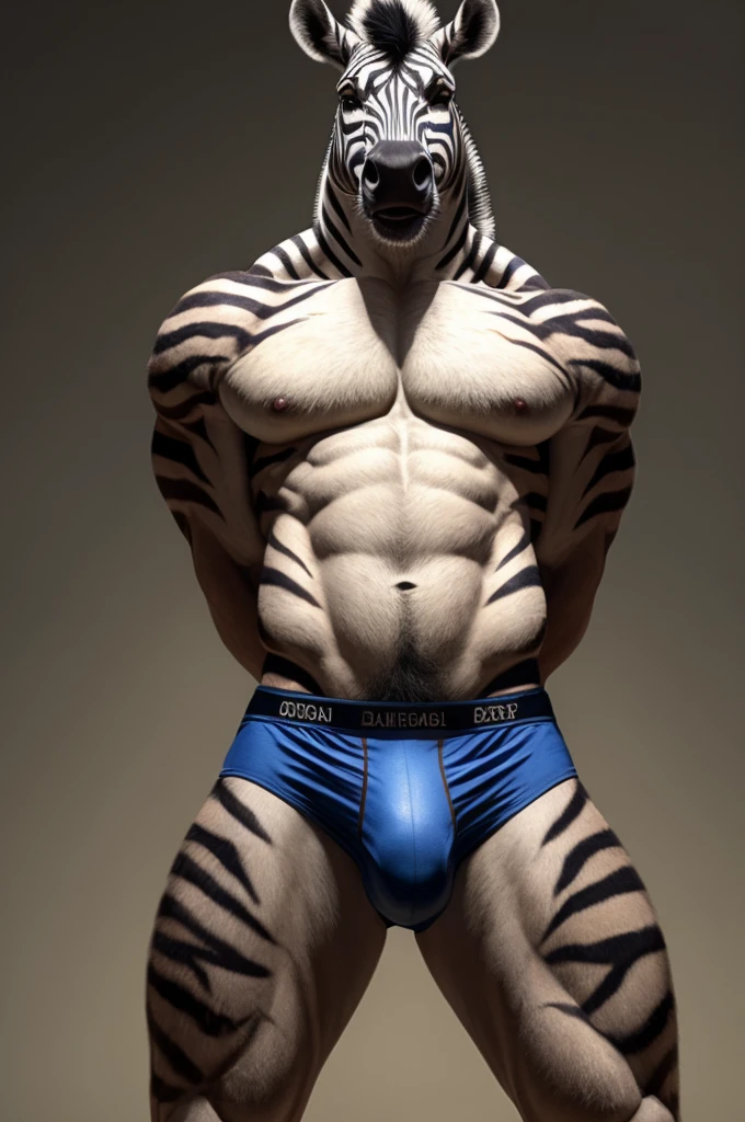 a furry male anthro Zebra standing with his hands behind his back. He is wearing underwear and is depicted in a simple background. The artwork should be in a front view perspective. The image should be of the best quality, with ultra-detailed features and a realistic, photorealistic style. The colors should be vivid and the lighting should create a professional and visually appealing effect. The inspiration for this artwork comes from artists such as thebigslick.
