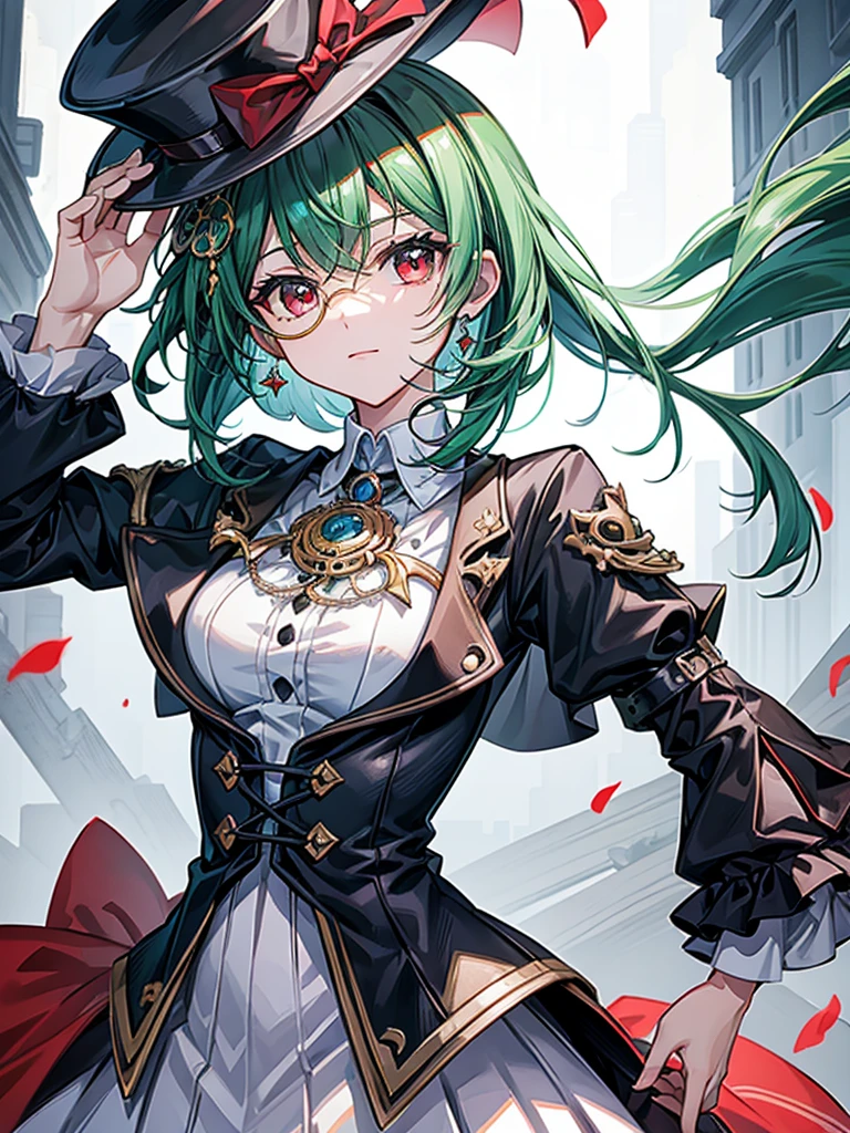 (((masterpiece、Highest image quality、highest quality、highly detailed unity 8kwallpaper)))、((Illustration of one girl、upper body))、(((beautiful girl)))、(librarian)、(Emerald green hair、sidelocks:1.2、red eyes)、(((crazy smile)))、monocle、pocket watch、(((Black top hat、tuxedo)))、grand library