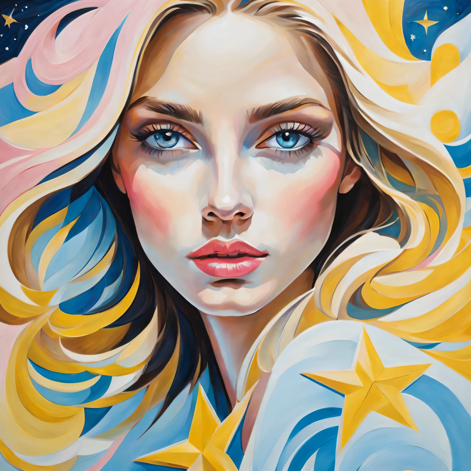 (best quality,actual,high resolution:1.2),pastel tones, painting,Impressionist strokes,from cubism, Fauvism to Surrealism and Abstraction, starry sky, Their artistic concepts and patterns are reflected in the clothing design, Miss, beautiful eyes,beautiful lips, flowing hair, Fresh light blue, Light yellow, light pink.