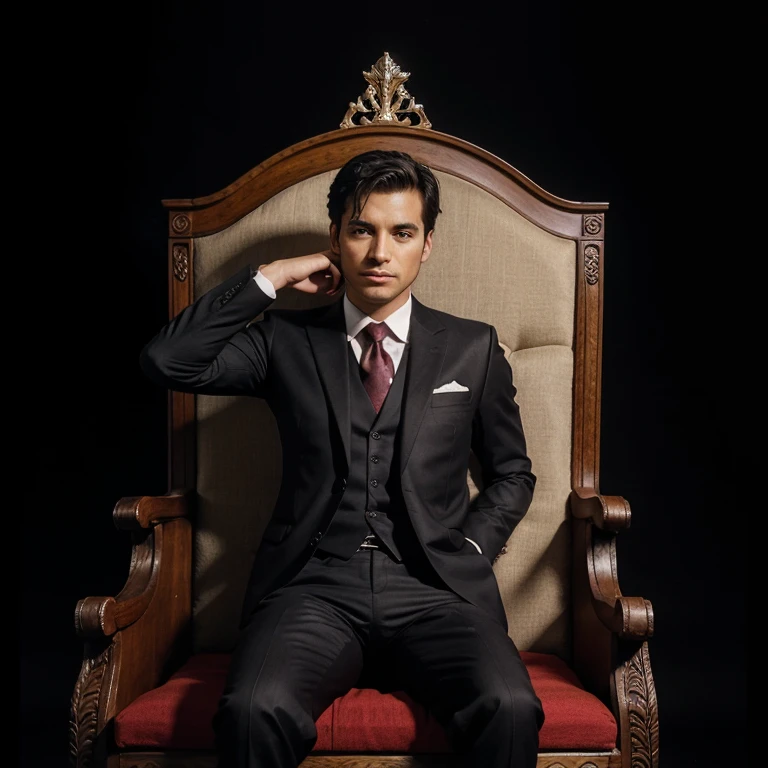 man in suit sitting on a king's chair, black background