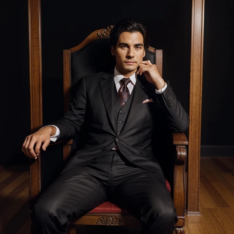 man in suit sitting on a king's chair, black background