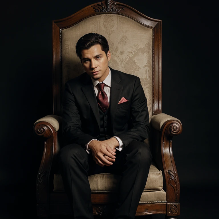 man in suit sitting on a king's chair, black background