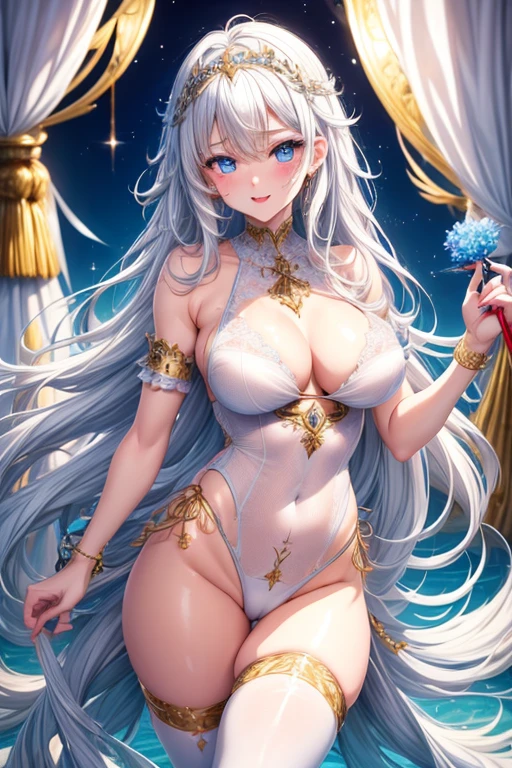 ((masterpiece、Super detailed、intricate details、high quality、An illustration))、girl 、18-year-old、150cm、40kg、C cup、beautiful girl、Female braves、slender（（toned body、constriction、A relaxed body、rope、股rope、Being caught、arms behind one&#39;s back、Tied behind your back_bound、縄でwhole bodyが縛られている_bound、silver hair、platinum、clear、Estrus、obedience、slave、Shyness、embarrassed expression、A frustrated look on his face））、white leotard skirt、torn leotard、Light white leotard、beautifully、be familiar with、nipple、nippleが見えそう、risky、whole body、See-through、nipple勃起、beautiful sword on waist、Wearing a shining tiara、Wearing a shining breastplate