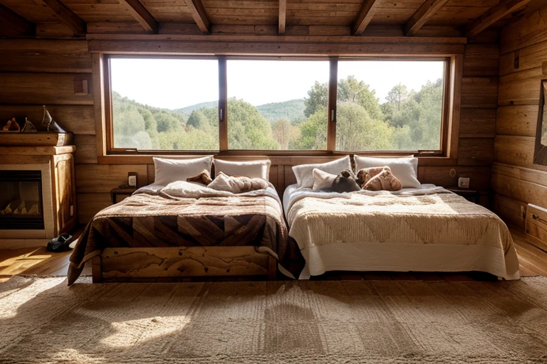 a wooden room, a large rustic wooden window, with glass, next to the bed, the bed is very comfortable, with a checkered blanket, two cats sleeping on the bed, a fireplace, super realistic style, 4k