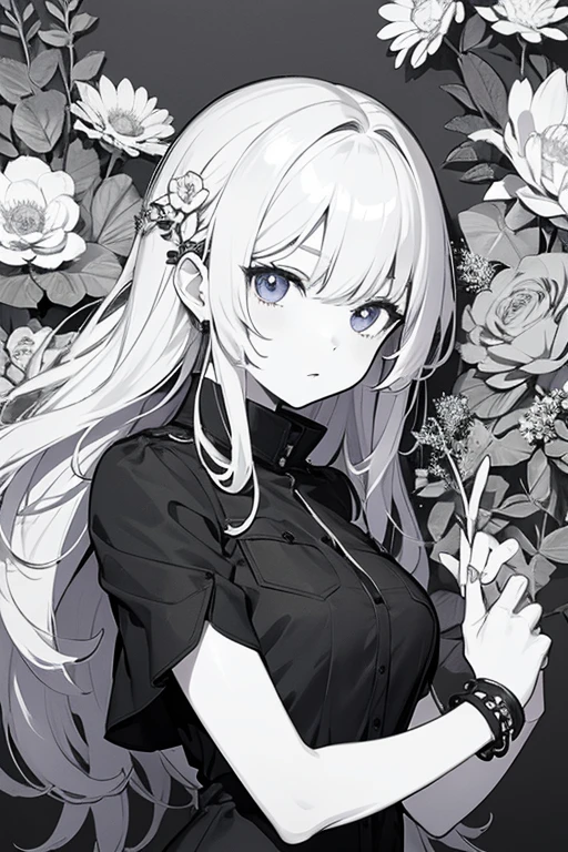 (masterpiece, best quality:1.2),(flower, line art, ) 女の子1人,One point color、フラットカラー