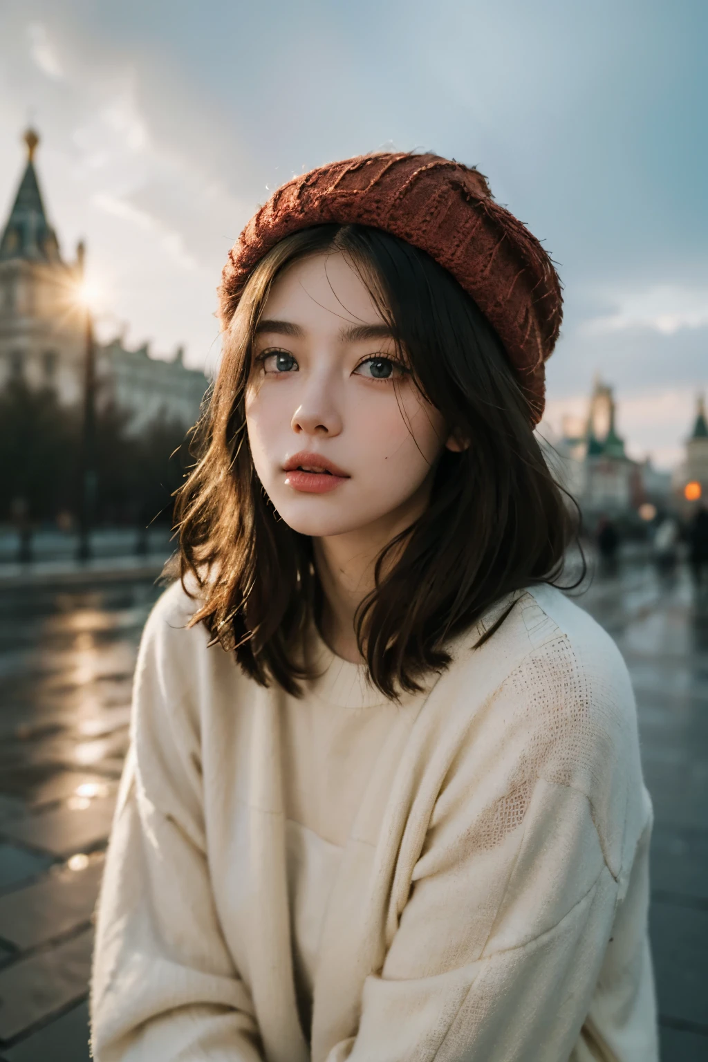 (best quality,4K,high resolution,masterpiece:1.4),Super detailed,Very detailed,sharp focus,Surreal:1.4,professional,HD images,bright colors,Bokeh,Beautiful and delicate eyes,Beautiful and delicate lips,long eyelashes,Romantic atmosphere,soft light,Contrast light and shadow,Lighting effects,rain scene,high nose bridge,young,Lively,Chubby cheeks,charming,graceful curves,full,The streets of Moscow,Kremlin background,Wearing a red star cotton hat,olive green clothing