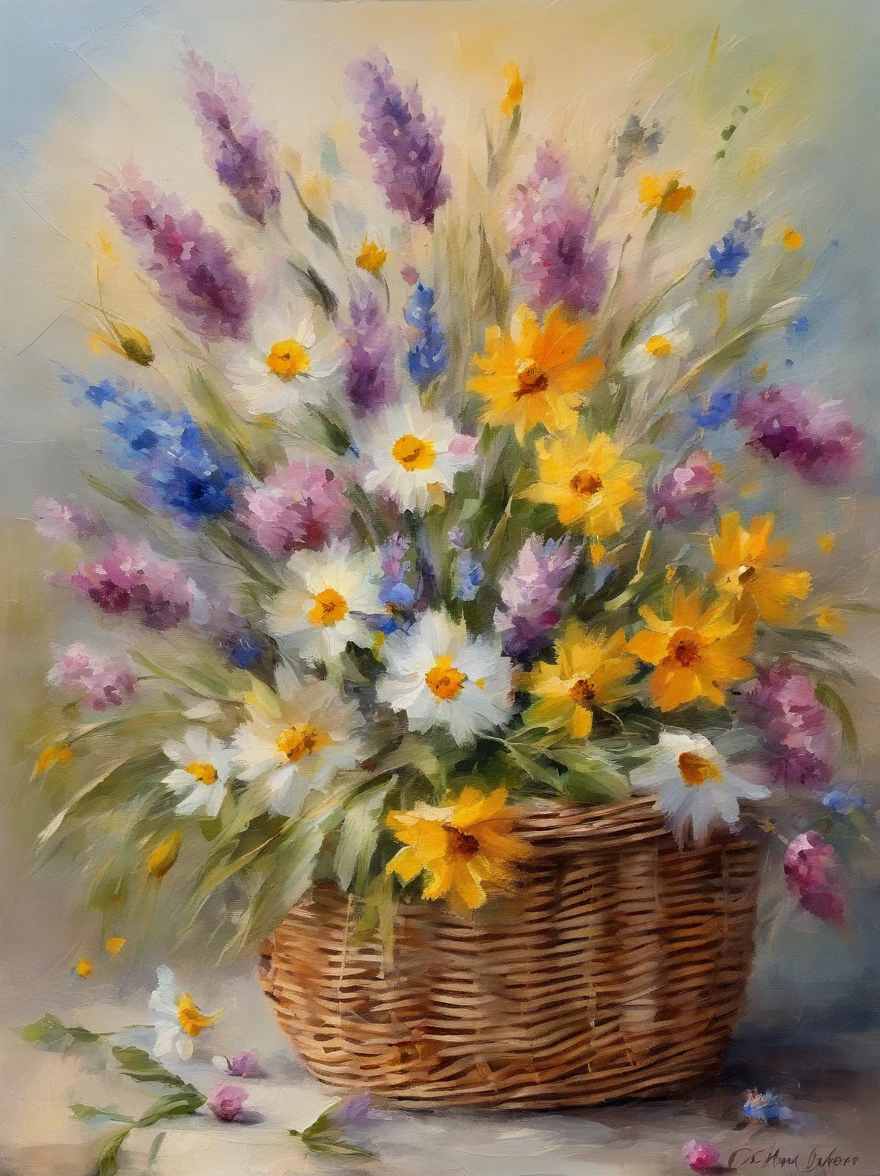 beautiful vintage bouquet of wildflowers inside a wooden basket with easter eggs inside in an easter art holiday atmosphere, watercolor art, masterpiece, soft bright colors, soft light, easter holiday decor, 8K, detailed, highest quality artwork