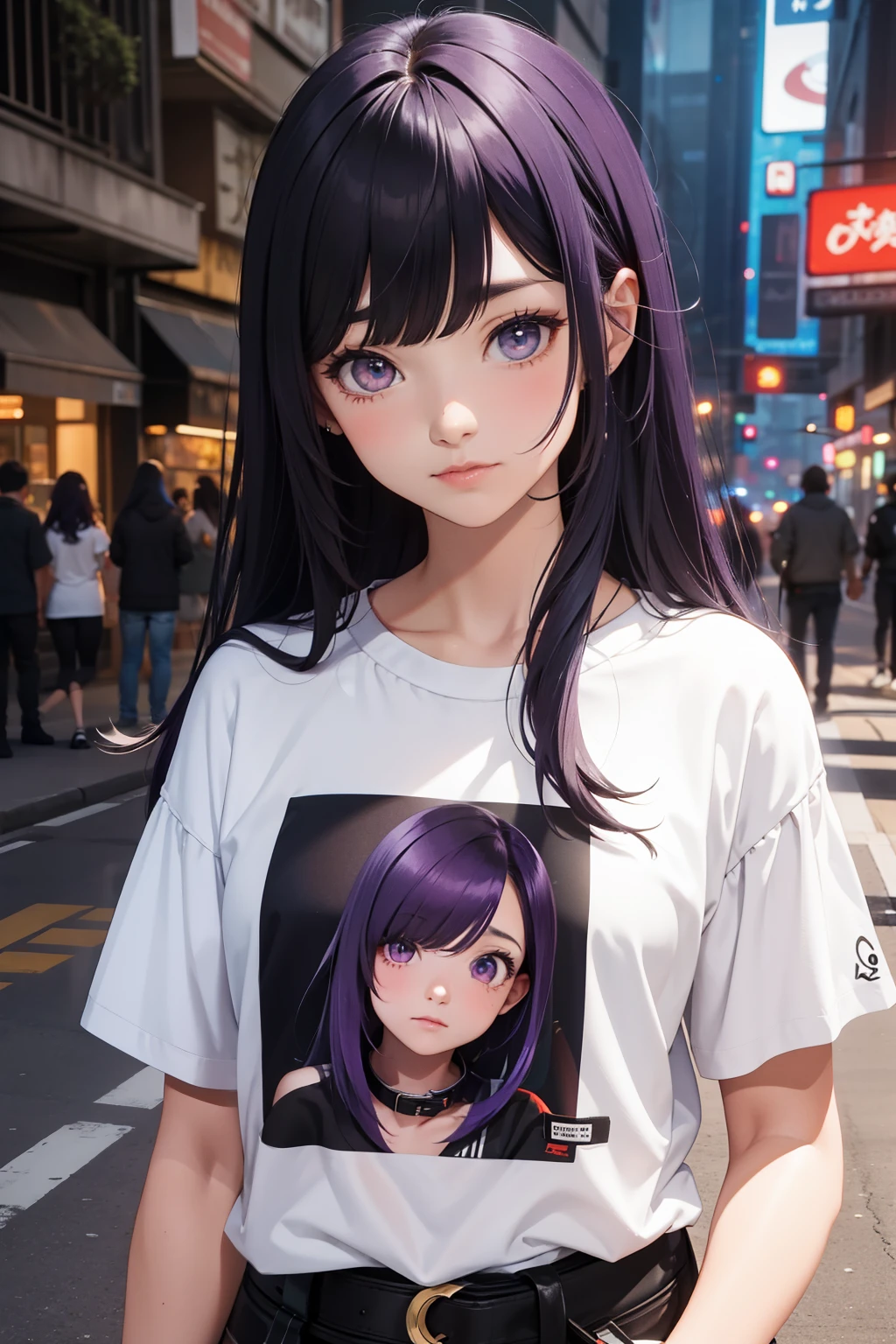 camisetas sin mangas, joven 1chica, Solo, Sakifuwa, ojos vidriosos, cabello muy largo, cola de caballo, ojos naranjas, pelo negro, ahogo, Medias negras, polainas largas, lock of purple hair, Falda larga muy morada, elegante en cyberpunk, Noche