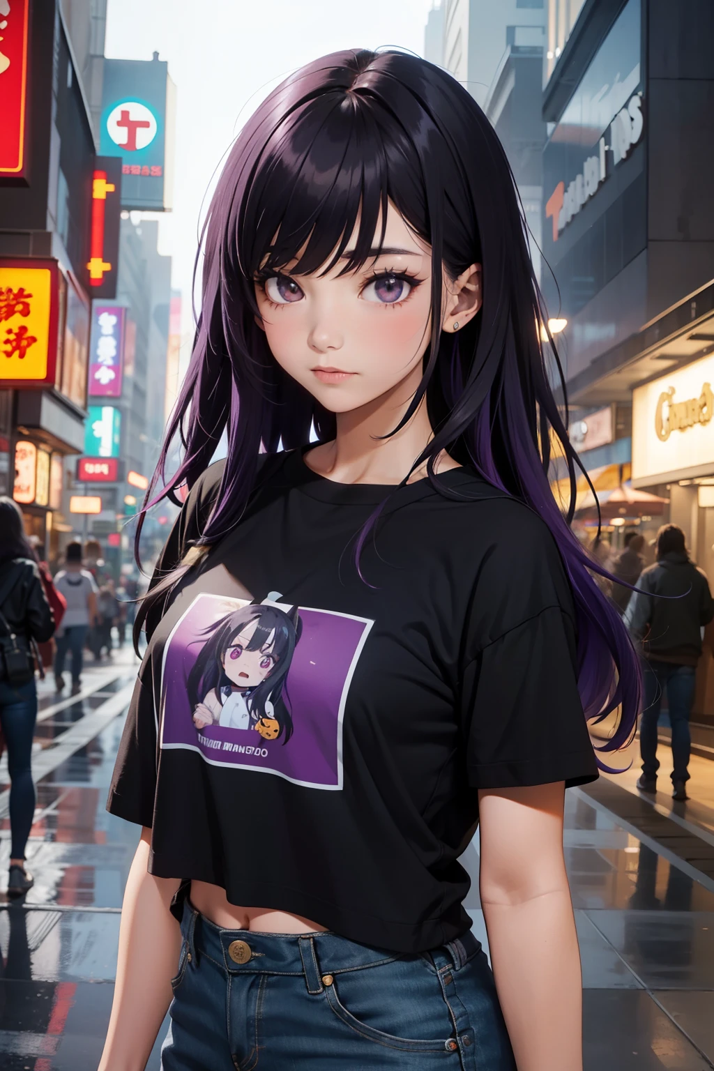 camisetas sin mangas, joven 1chica, Solo, Sakifuwa, ojos vidriosos, cabello muy largo, cola de caballo, ojos naranjas, pelo negro, ahogo, Medias negras, polainas largas, lock of purple hair, Falda larga muy morada, elegante en cyberpunk, Noche