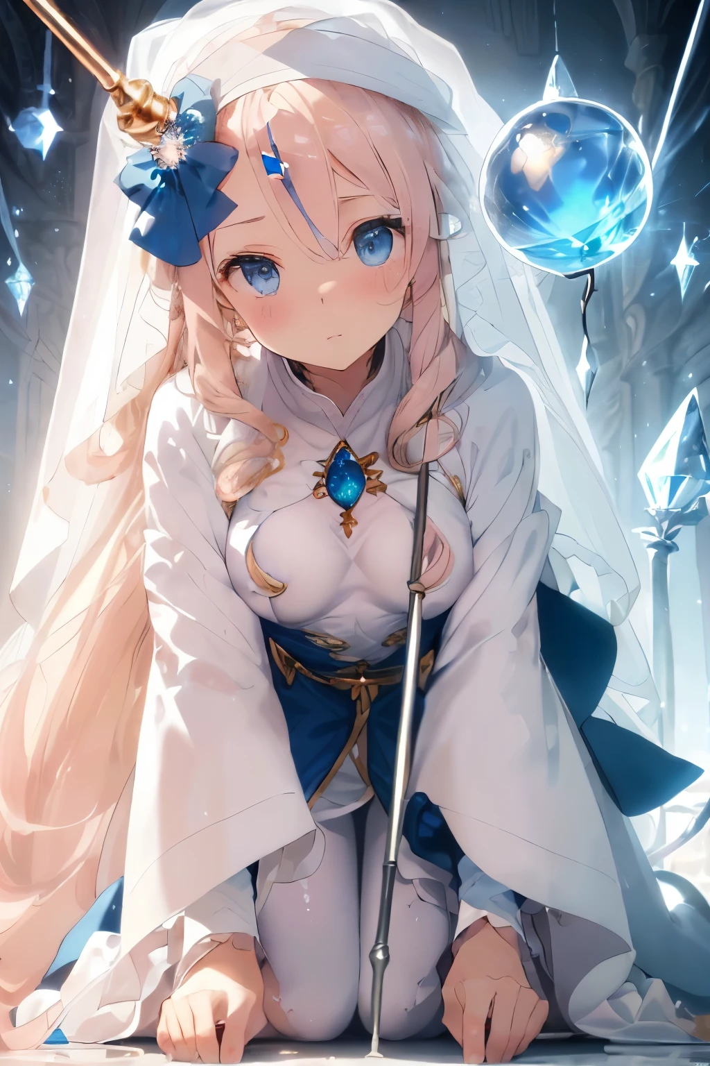 (blonde:1.2),(long hair with curls:1.25),(No bangs:1.25),(A crystal-like clear round gem in the middle of the forehead:1.3),(light pink and blue eyes:1.3),(clergyman:1.3),(White, light blue, blue, and navy blue monastic robes:1.3),(hat with a veil:1.25),(A long cane as tall as one's height:1.45),(Wand:1.35),(The tip of the cane has an oversized sphere attached to it.:1.35),(blush:1.2),(small breasts:1.65),(Get on your knees:1.6),(close up of face:1.2),(Front perspective:1.5),