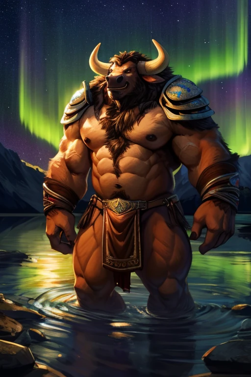 ((Best quality)), ((Masterpiece)), (Detailed), visage parfait, yeux parfait, detailed eyes, anthro (tauren), male, alone, (tauren), (vue de profil, (paysage montagne, nuit, neige, lake, aurora borealis)), (look at the spectator, starry sky), furry art, (light tauren armor, bulgen loincloth), dad body, hairy chest, bovid body, bovid face, bovid tail, bull horn, furr body, digital art, costaud, corps poilu, canine tooth,hd, dark shadows, wide dynamic range, hdr, low light:1.2, moonlight, par mystikfox61, par darkgem, par Glitter Trap Boy, par bebebebebe