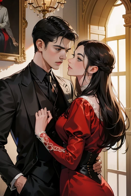((obras maestras)), mejor calidad, outstanding illustration, a couple kissing, enfoque suave, 1 chico de cabello negro corto, 1 chica de pelo rojo largo rizado, Ropa victoriana, romanticismo victoriano, ambiente opulento y exquisito, Soft light and warm lighting.